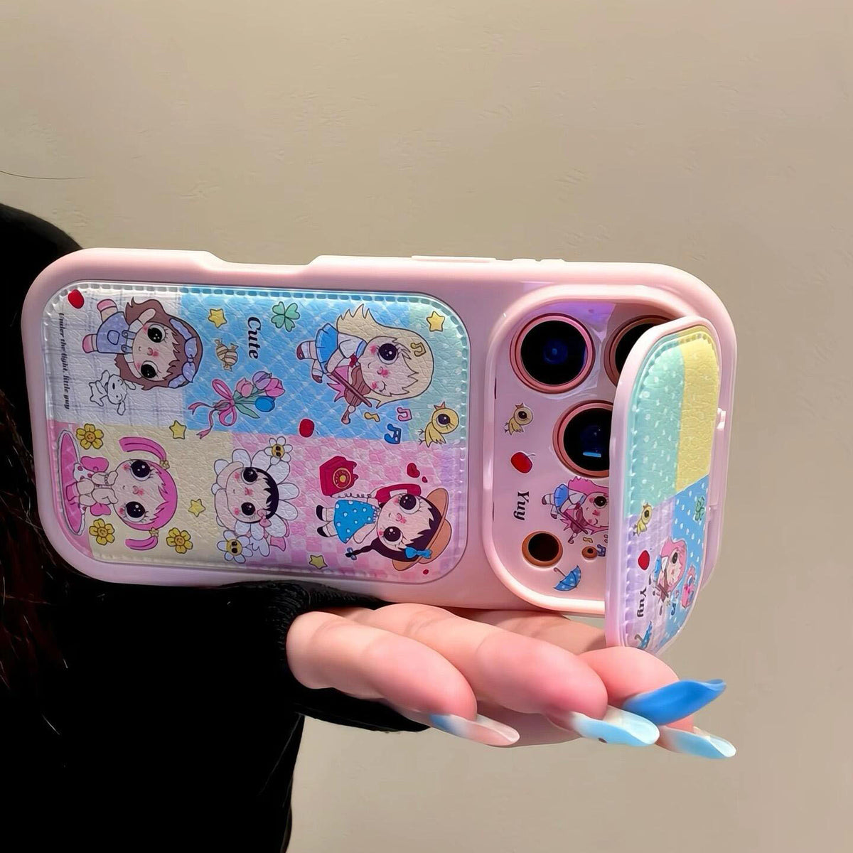 Cartoon girl phone case with a flip-out mirror