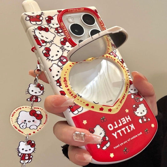 Kitty phone case with heart-shaped flip mirror
