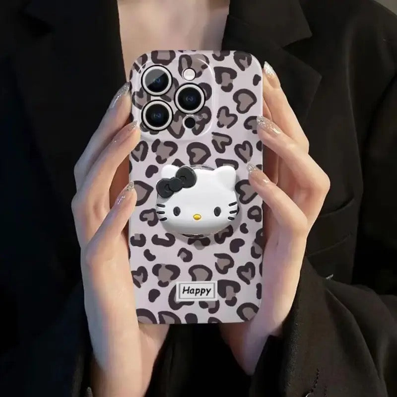 Leopard Print Hello Kitty Phone Case with Stand and Lanyard