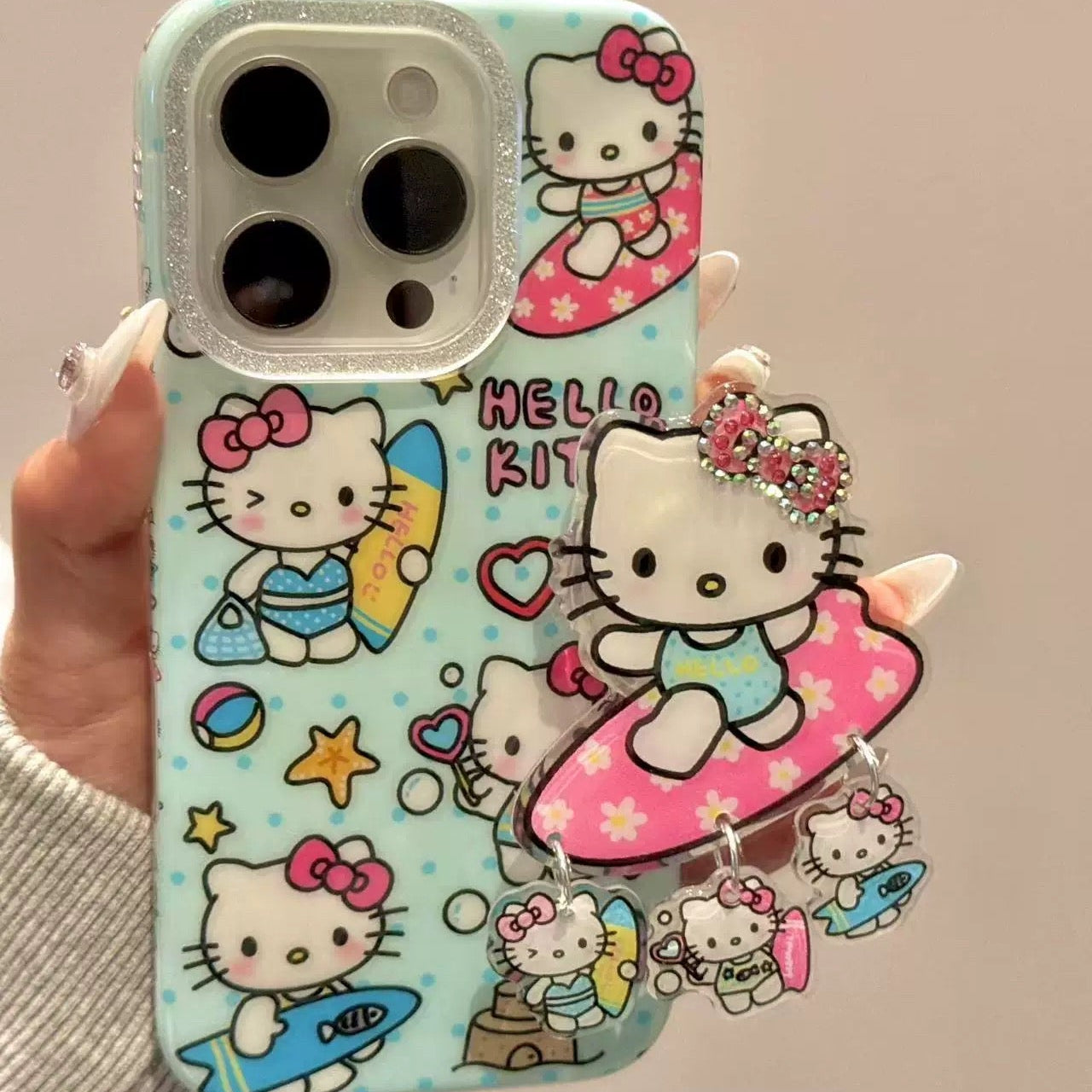 Cartoon Floral Surfboard Bubble-Blowing Hello Kitty