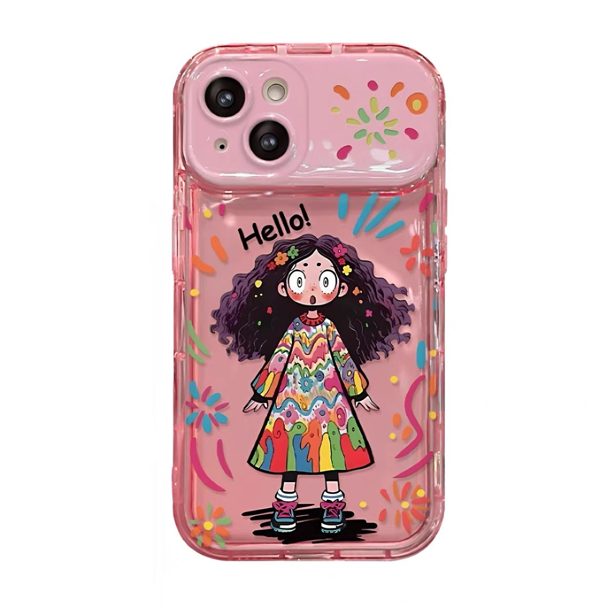 Colorful curly-haired girl portable mirror phone case