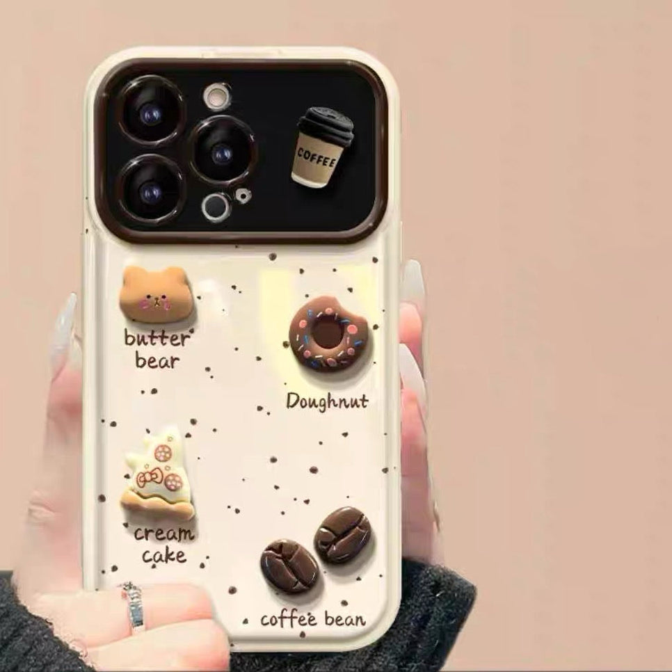 3D coffee and bear flip mirror phone case