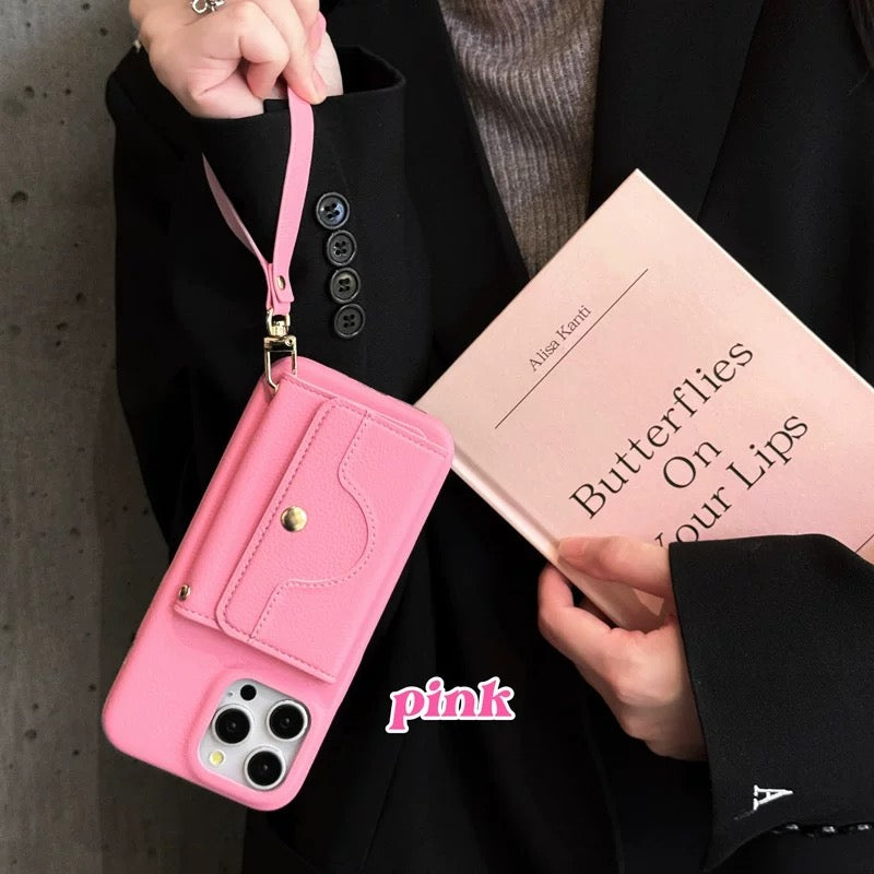 Lychee-Textured Phone Case with Mirror, Card Slot, and Wrist Strap