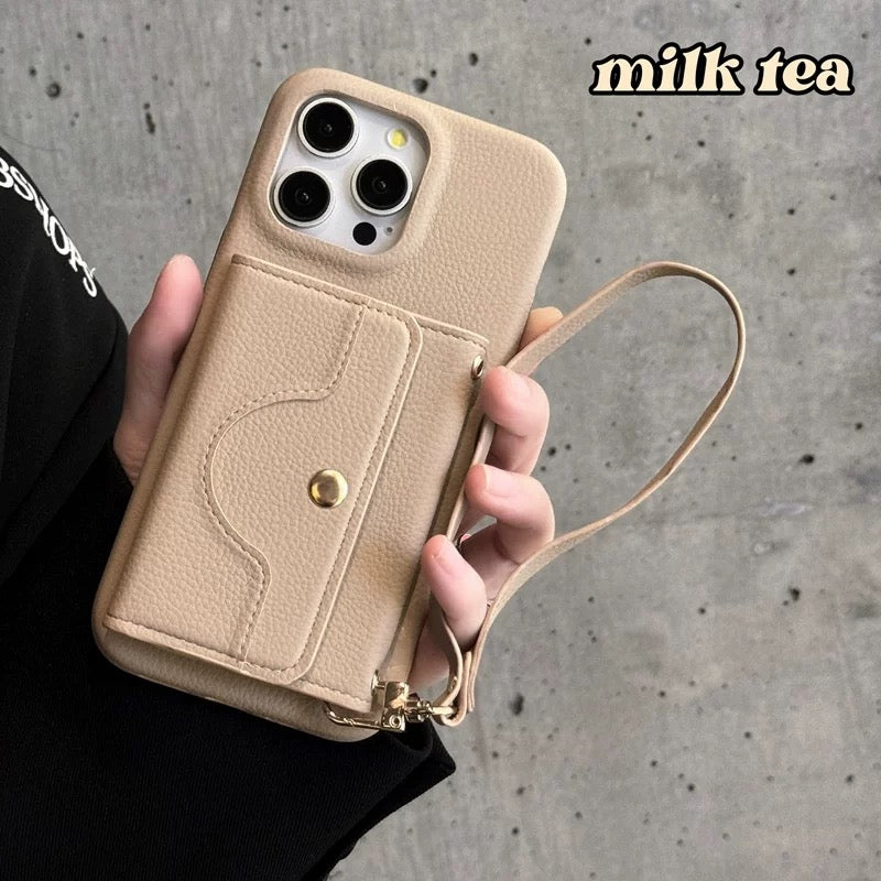 Lychee-Textured Phone Case with Mirror, Card Slot, and Wrist Strap