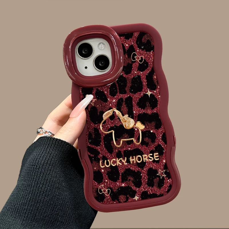 Leopard-Print Calf Hair Phone Case with Dual Invisible Kickstands
