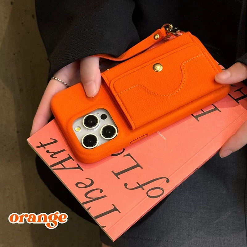 Lychee-Textured Phone Case with Mirror, Card Slot, and Wrist Strap