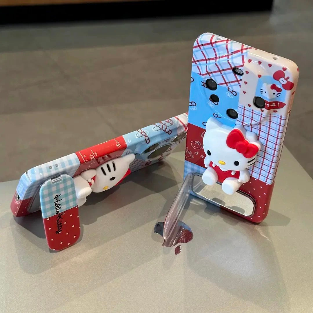 Plaid-Patchwork Hello Kitty Phone Case with Mirror Stand