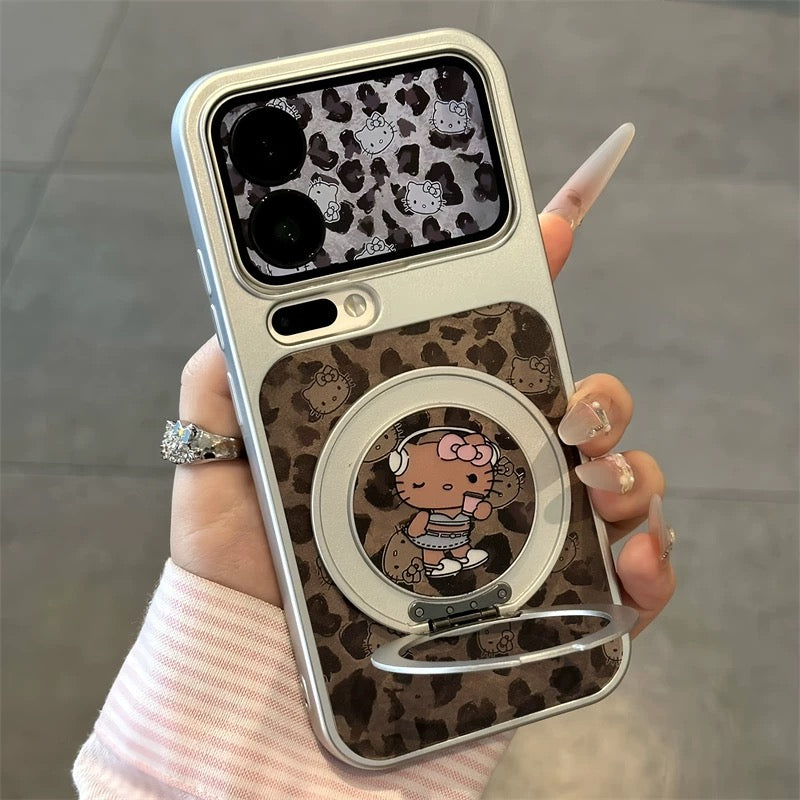 Leopard-Print Hello Kitty Phone Case with 360-Degree Rotating Stand