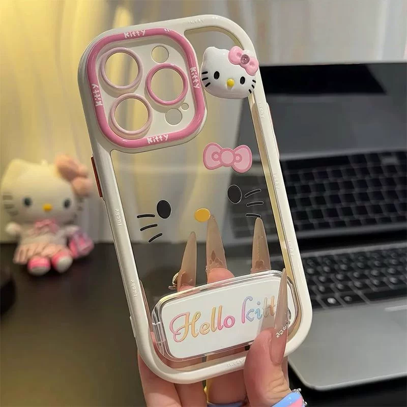 KT Cat Plush Mirror Stand with Hanging Strap for Phone Case