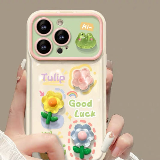 3D Flower and Frog Portable Mirror Phone Case