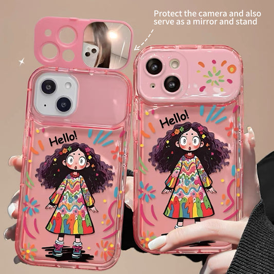 Colorful curly-haired girl portable mirror phone case