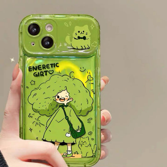 Green-haired little girl portable mirror phone case