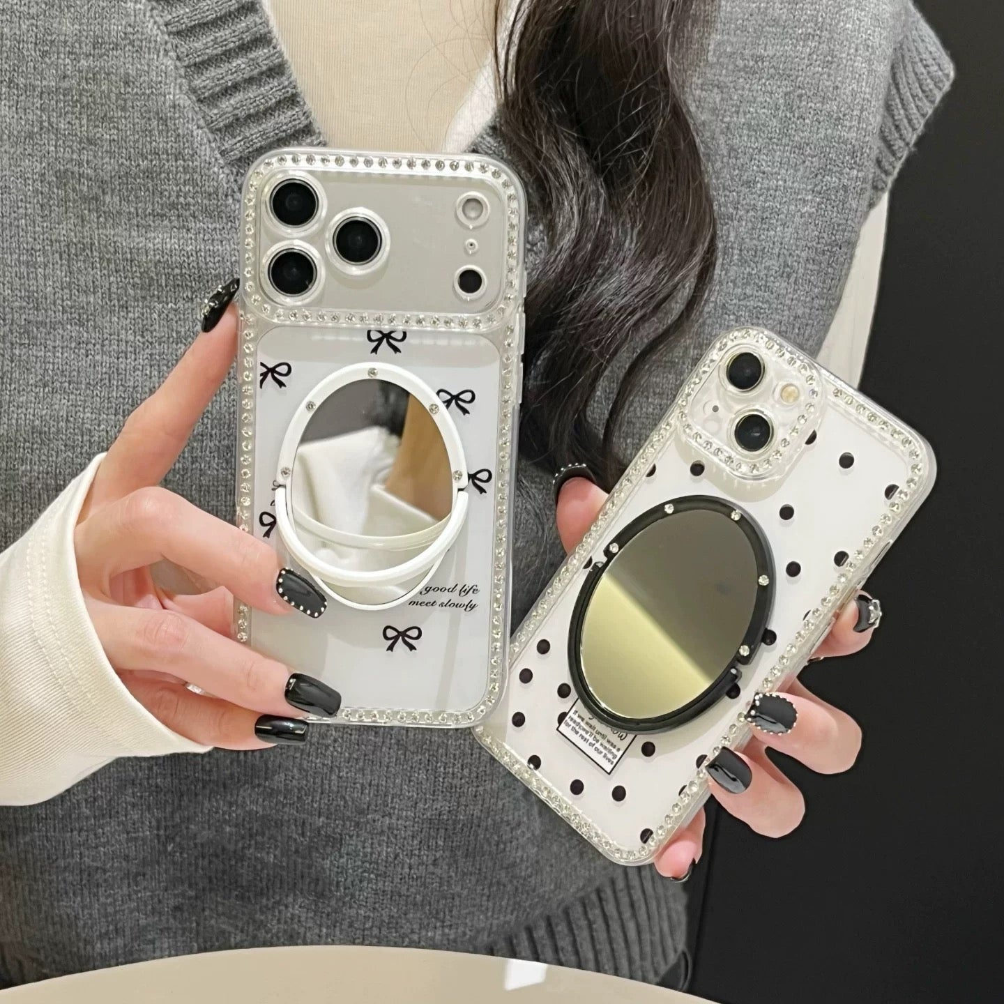 Polka Dot, Letter, and Bow-Knot Phone Case with Mirror Stand