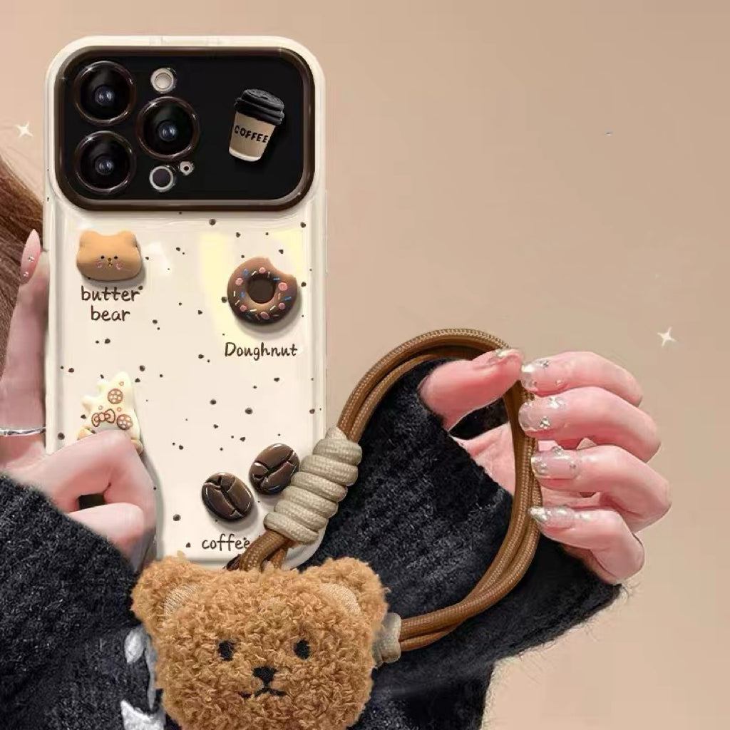 3D coffee and bear flip mirror phone case