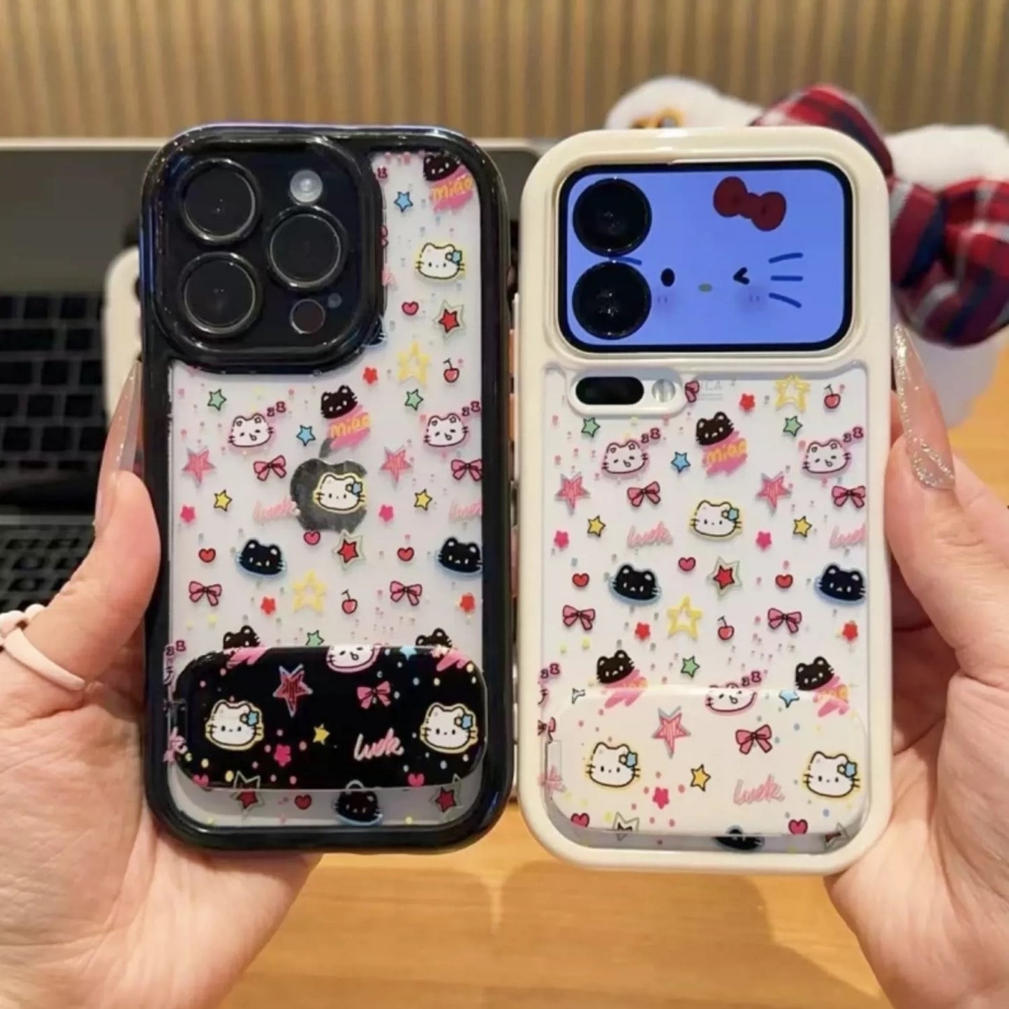 星形黑白貓咪支架手機殼