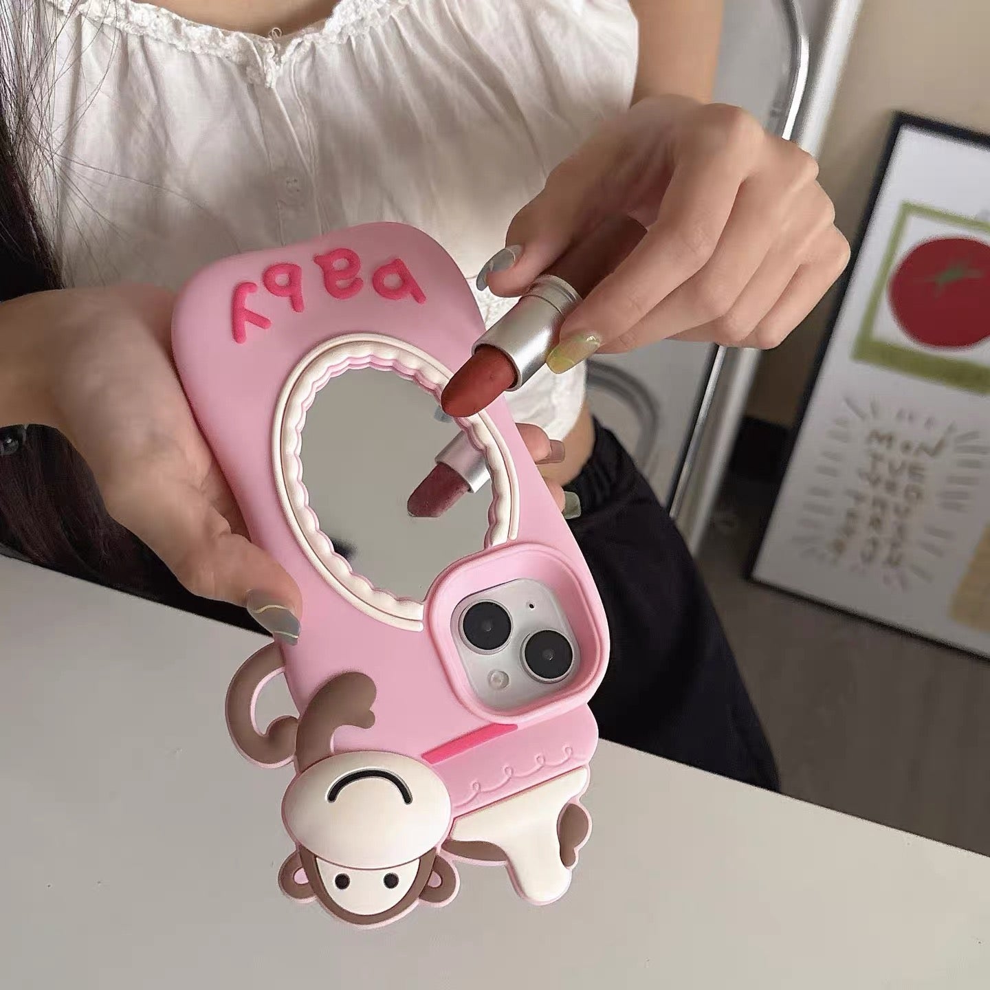 Pacifier Monkey 3D Silicone Phone Case with Makeup Mirror