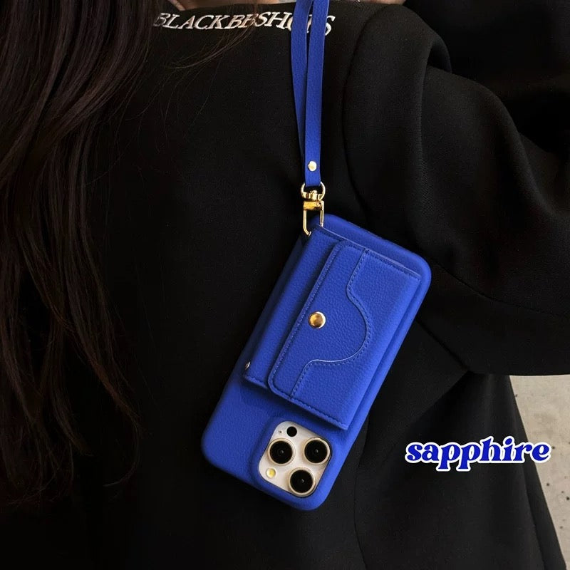 Lychee-Textured Phone Case with Mirror, Card Slot, and Wrist Strap