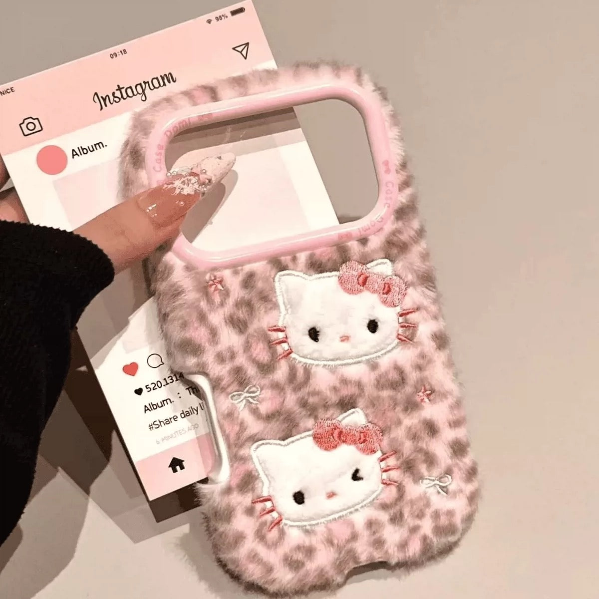Cute Fluffy Pink Panther & Hello Kitty Lanyard Phone Case