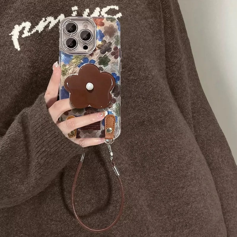 Retro Floral Phone Case with Kickstand, Leather Buckle, and Lanyard