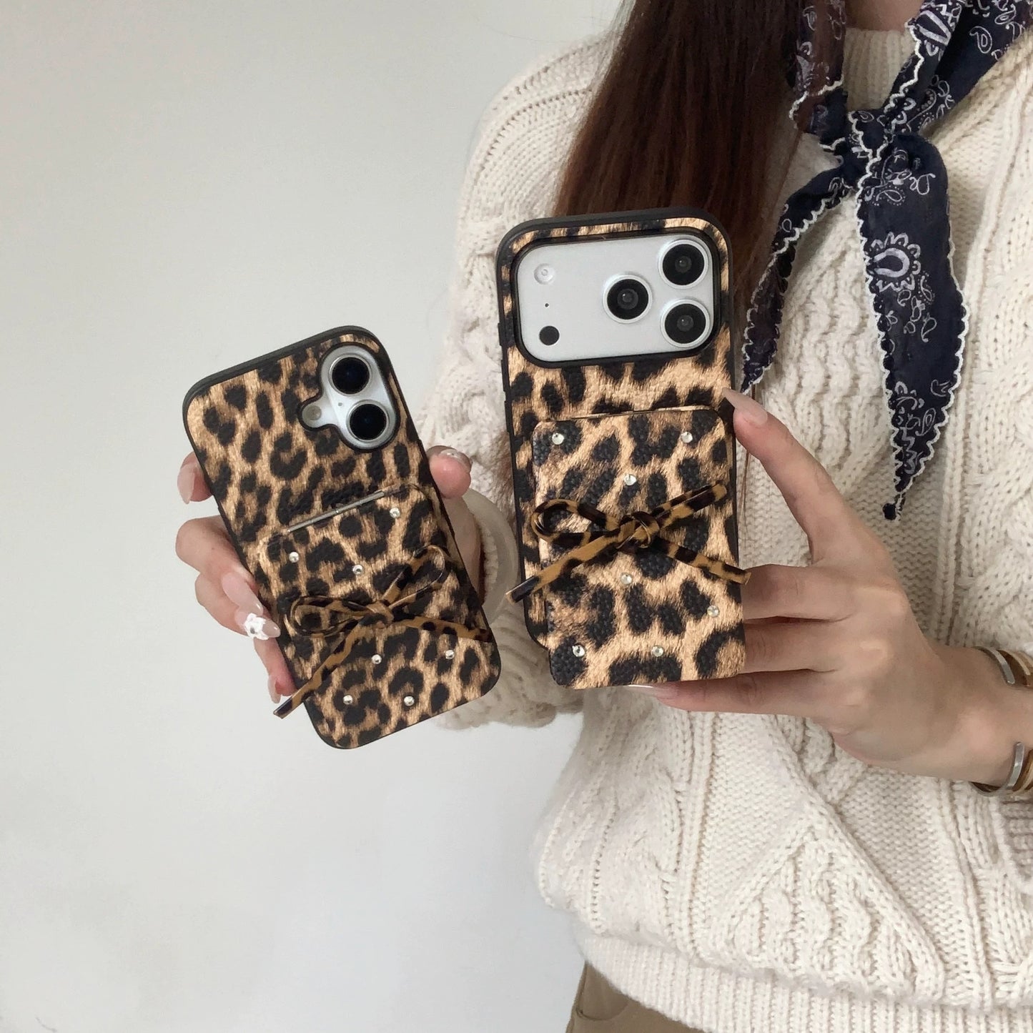 Leopard Print Bow Flap Mirror Phone Case
