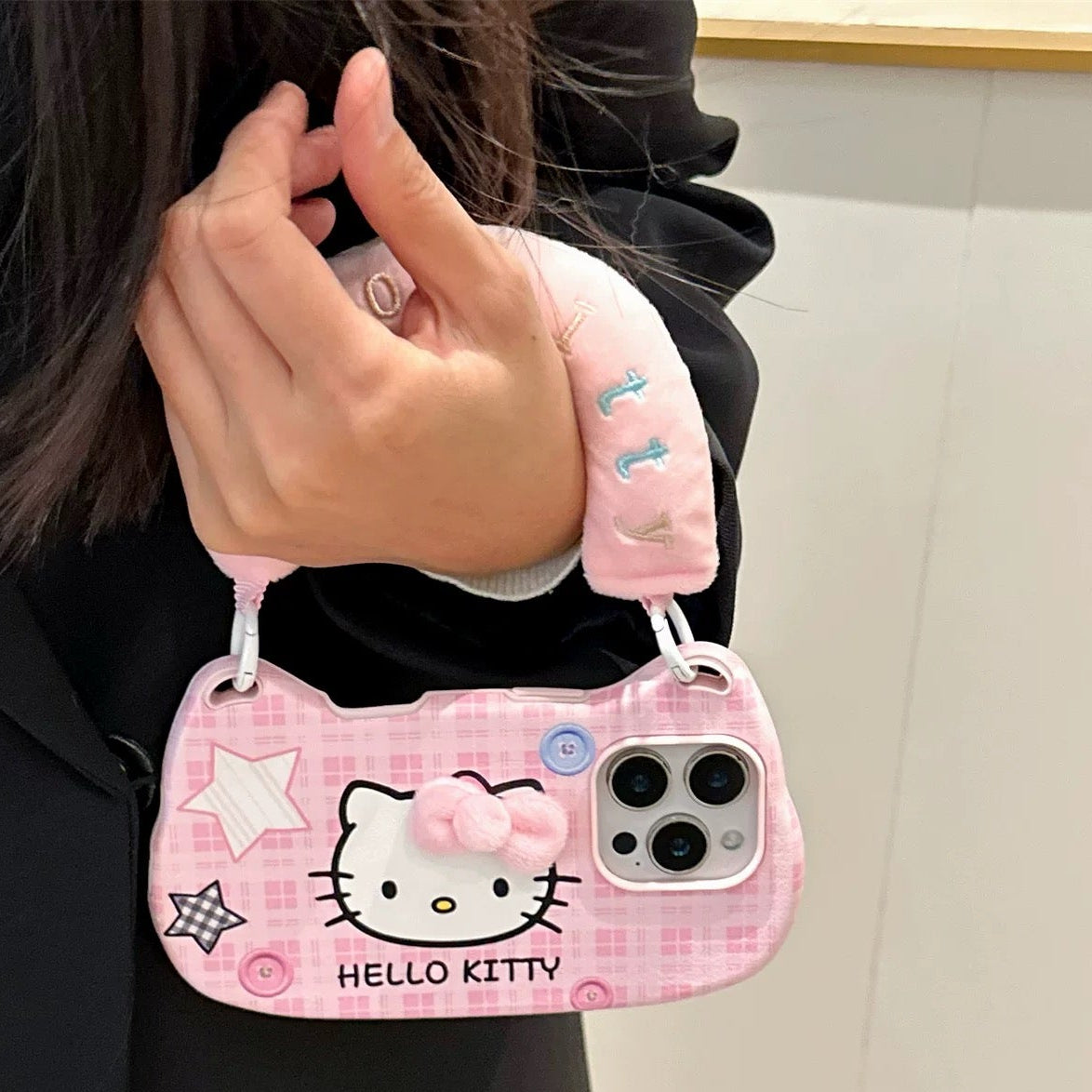 Bag-Style Plaid Hello Kitty Lanyard Phone Case