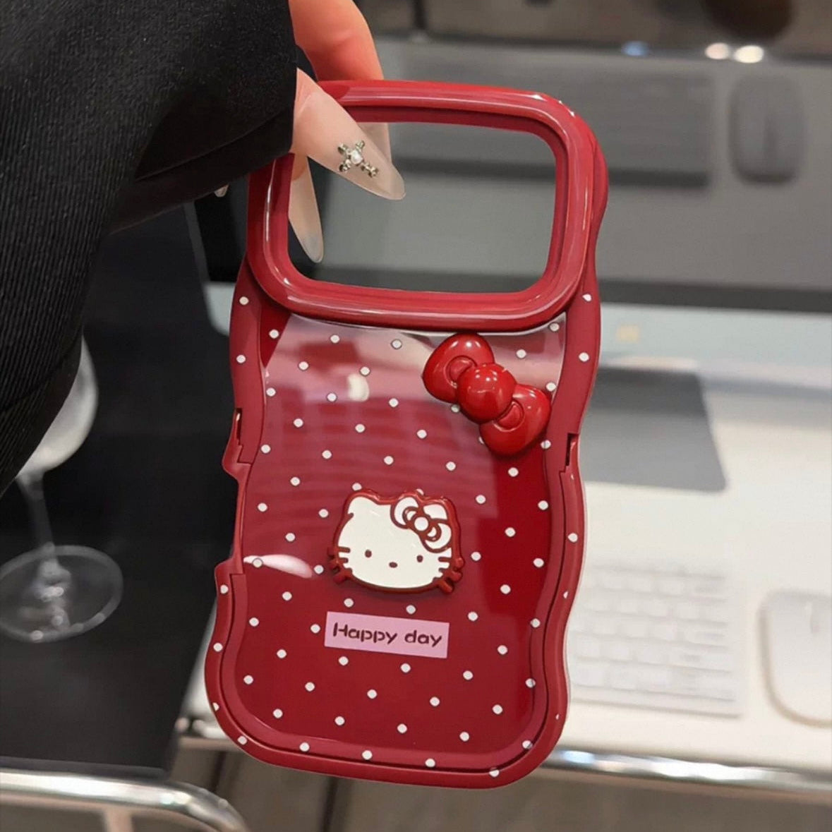 紅色圓點小貓雙支架手機殼