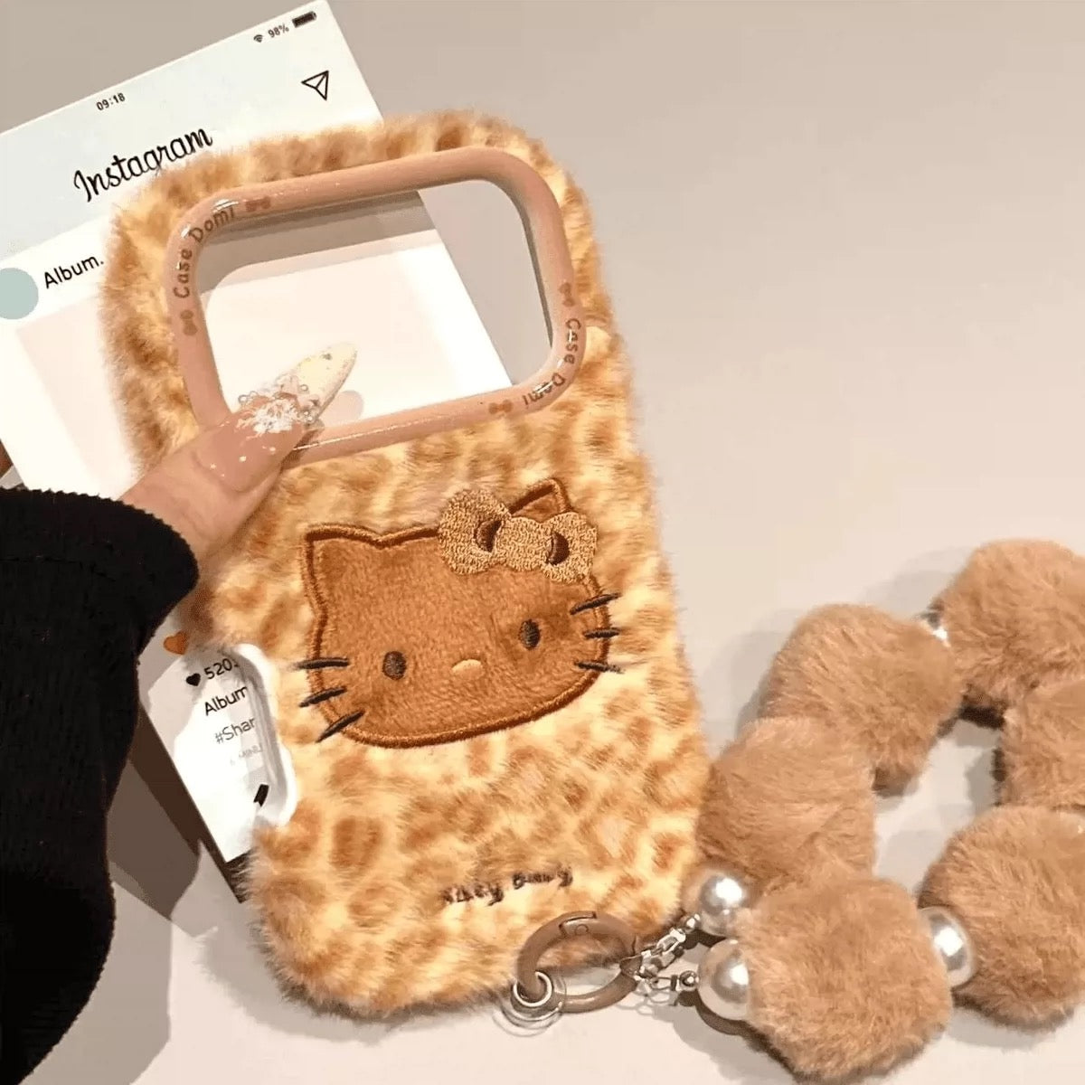 Cute Fluffy Pink Panther & Hello Kitty Lanyard Phone Case
