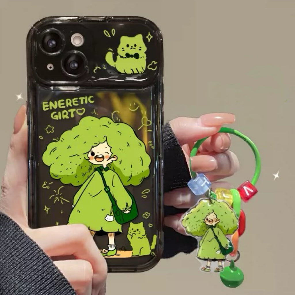 Green-haired little girl portable mirror phone case