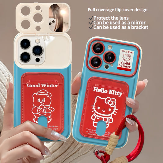 Kitty flip cover with mirror stand card holder phone case