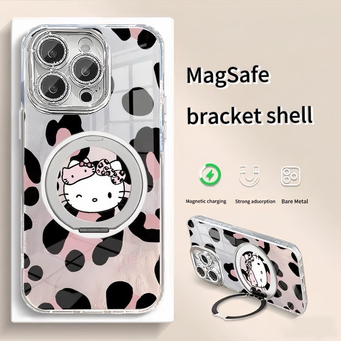 Silver pink leopard print magnetic stand kitty phone case
